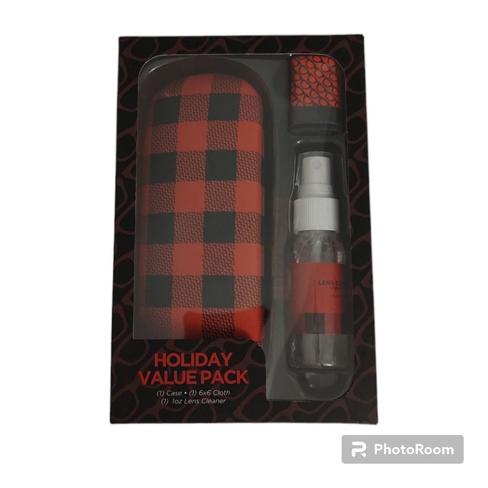 New Eyeglasses Case Gift Set Red Black Plaid Case Cloth and Glasses Lens Cleaner
